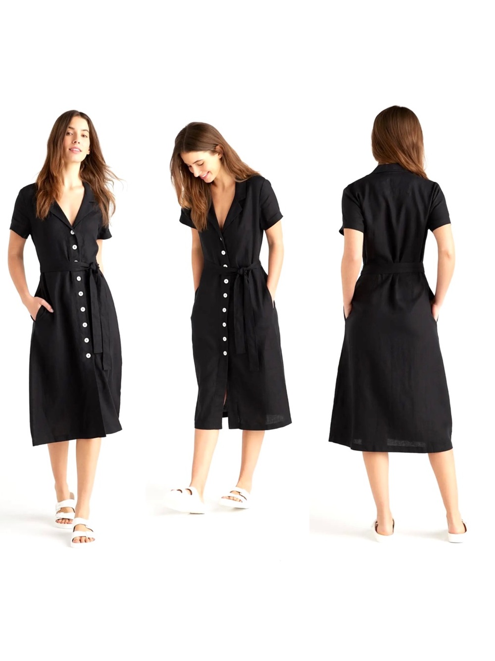 QUINCE black linen button front dress, size L